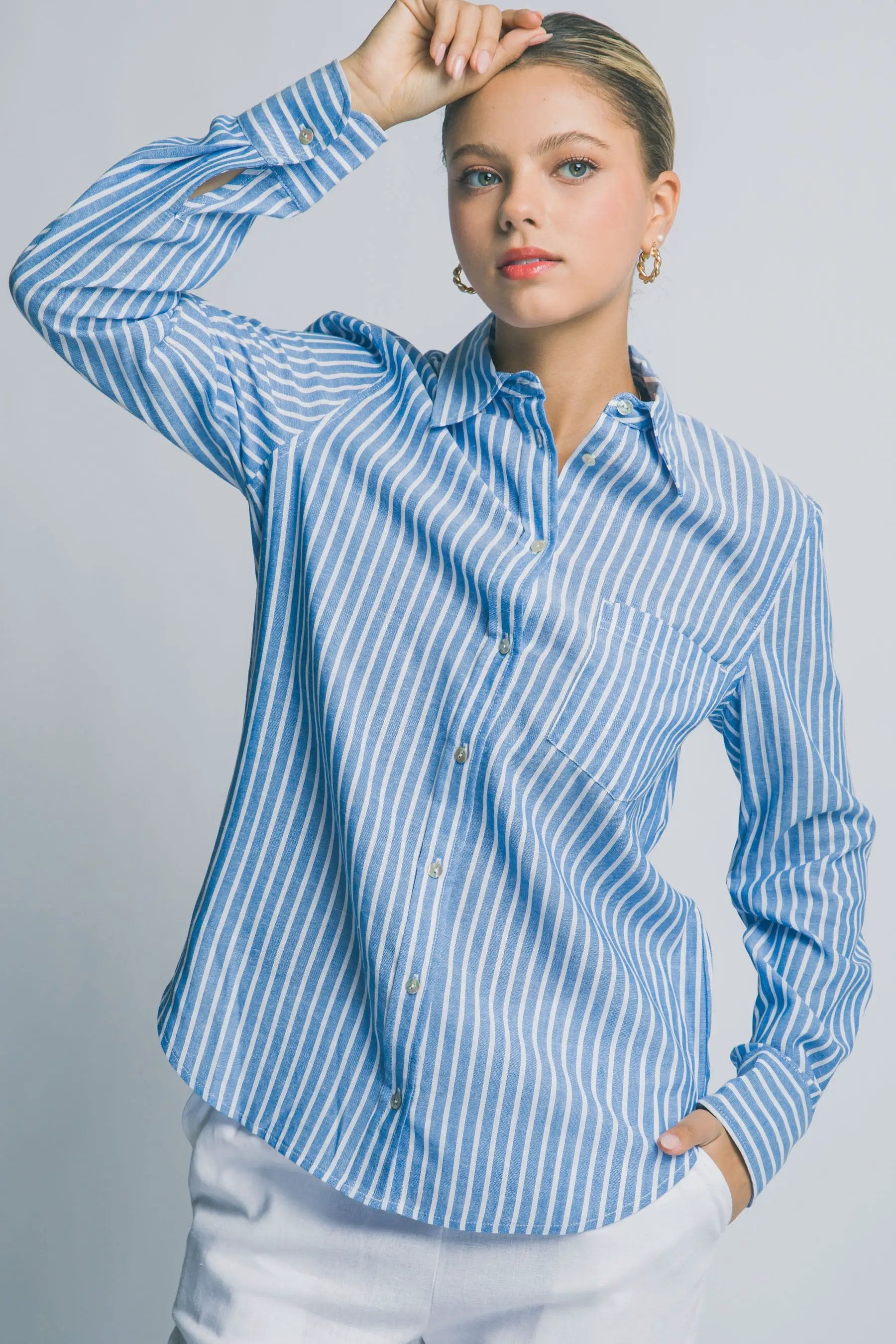 Camisa de Lino a Rayas para Mujer - Estilo Casual y Elegante Azul Manga Larga by LOVE TREE