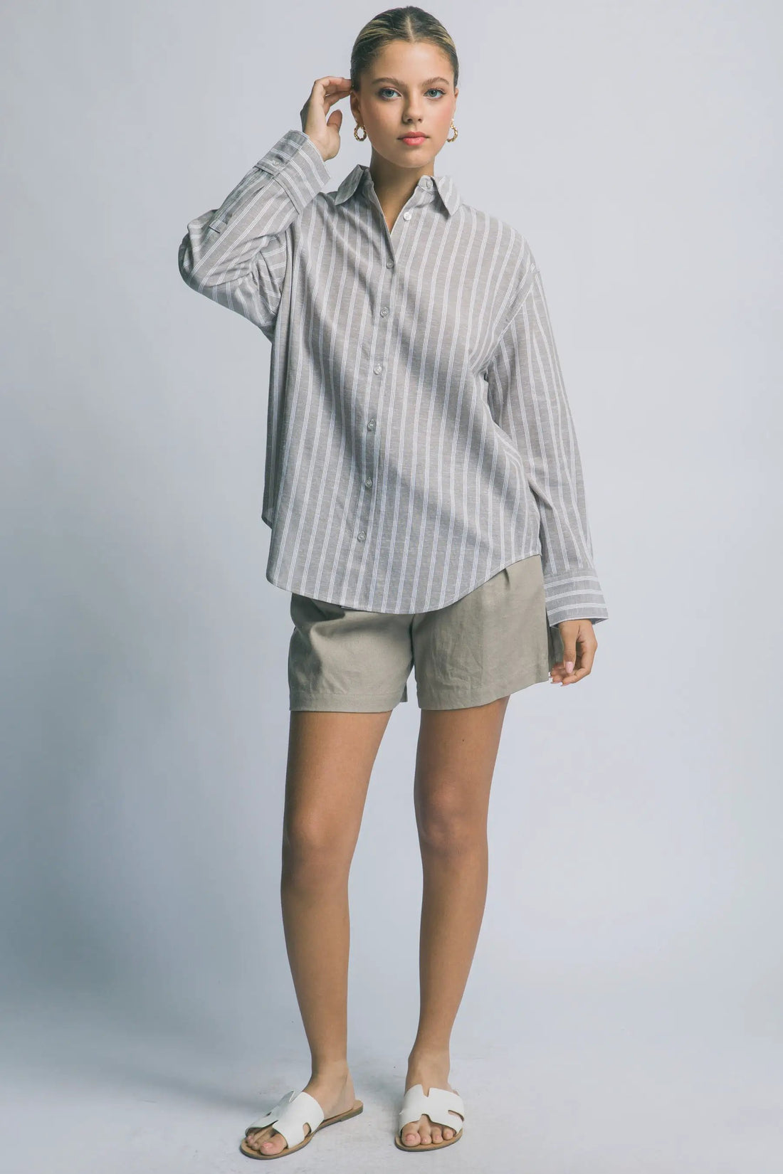 Camisa Oversized de Rayas con Botones Azul Manga Larga by LOVE TREE