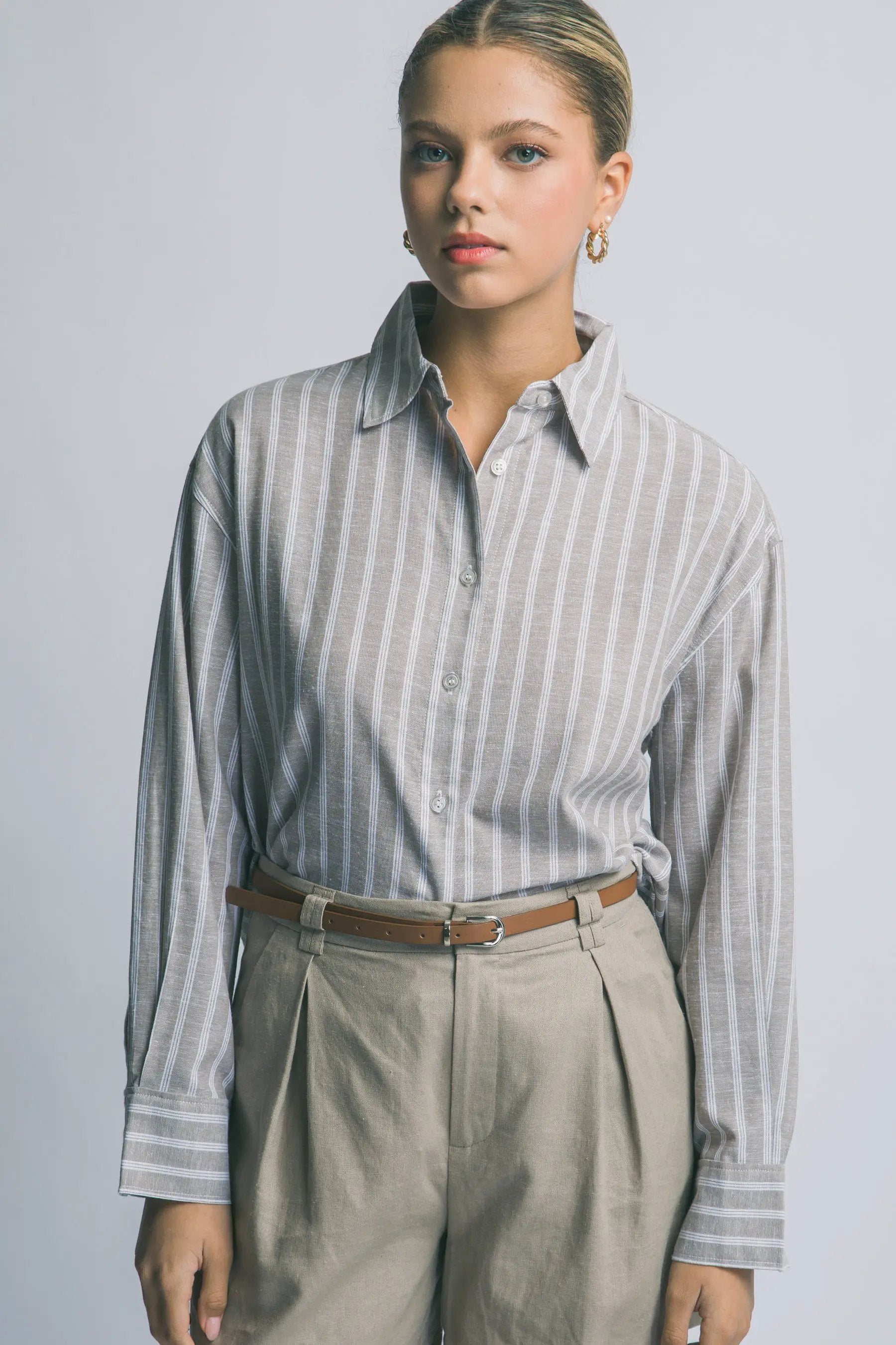 Camisa Oversized de Rayas con Botones Azul Manga Larga by LOVE TREE