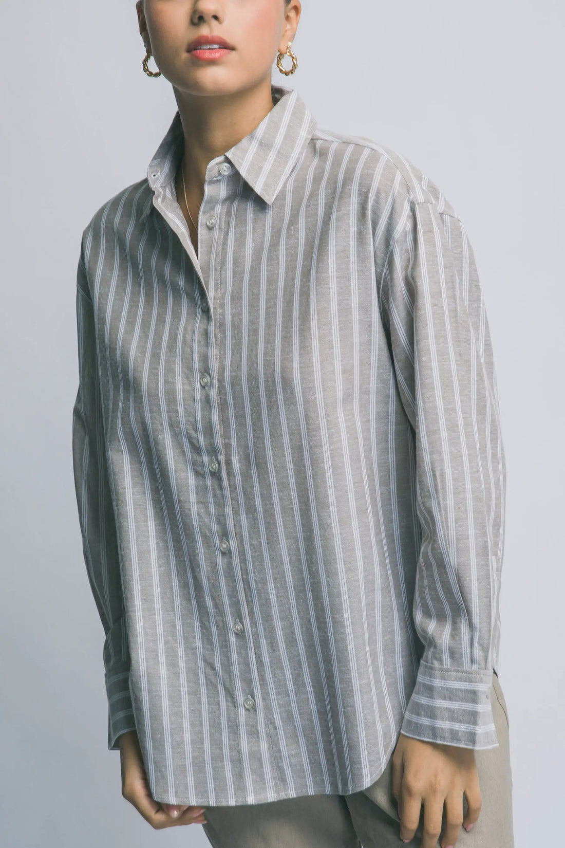 Camisa Oversized de Rayas con Botones Azul Manga Larga by LOVE TREE