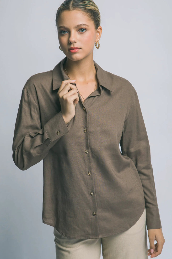 Camisa de Lino para Mujer de Manga Larga con Cuello y Botones Manga Larga by LOVE TREE