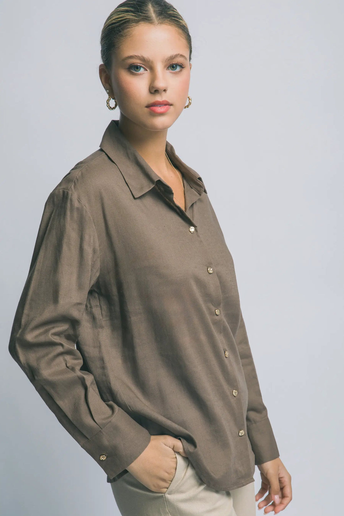 Camisa de Lino para Mujer de Manga Larga con Cuello y Botones Manga Larga by LOVE TREE