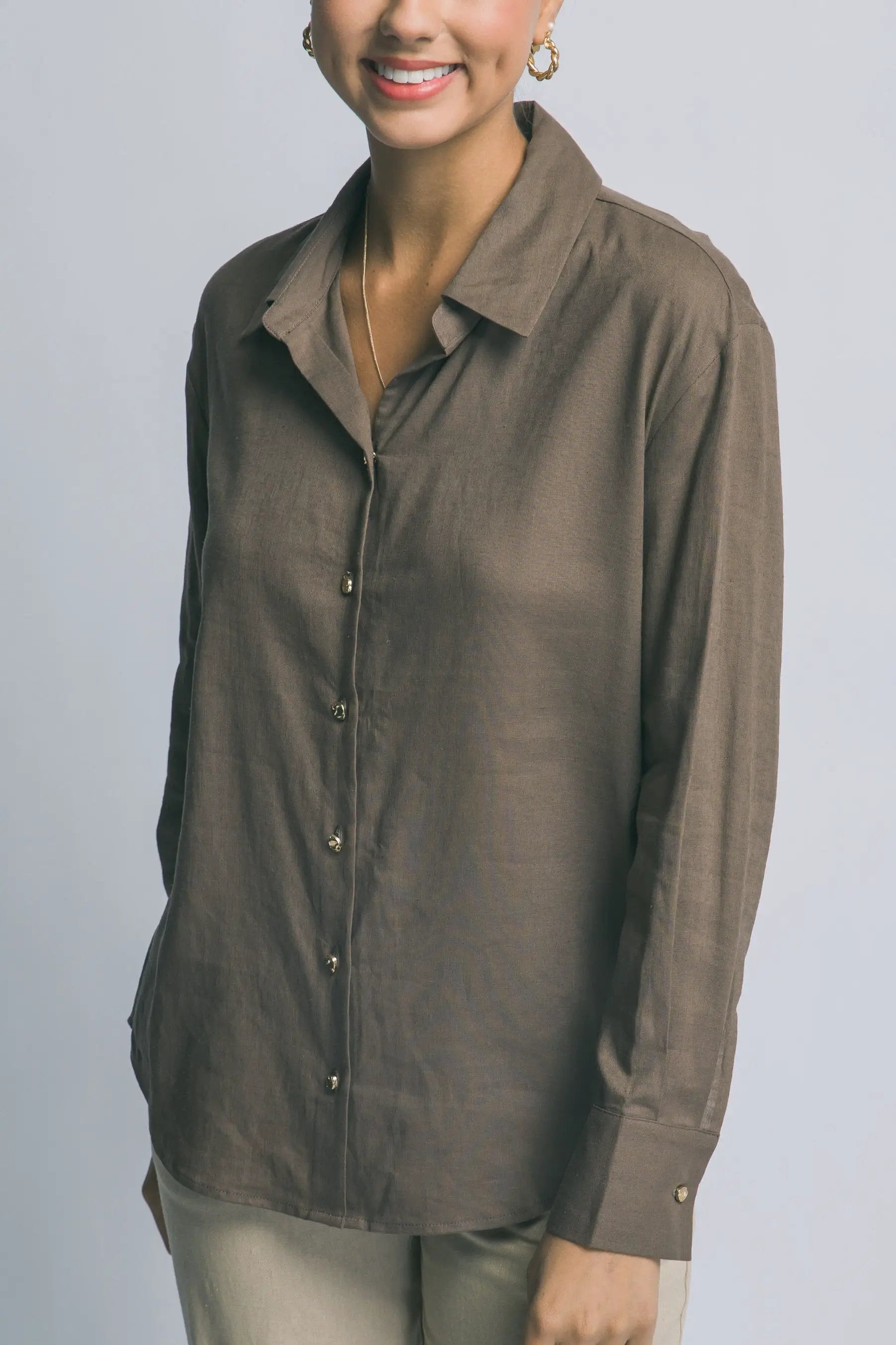 Camisa de Lino para Mujer de Manga Larga con Cuello y Botones Manga Larga by LOVE TREE