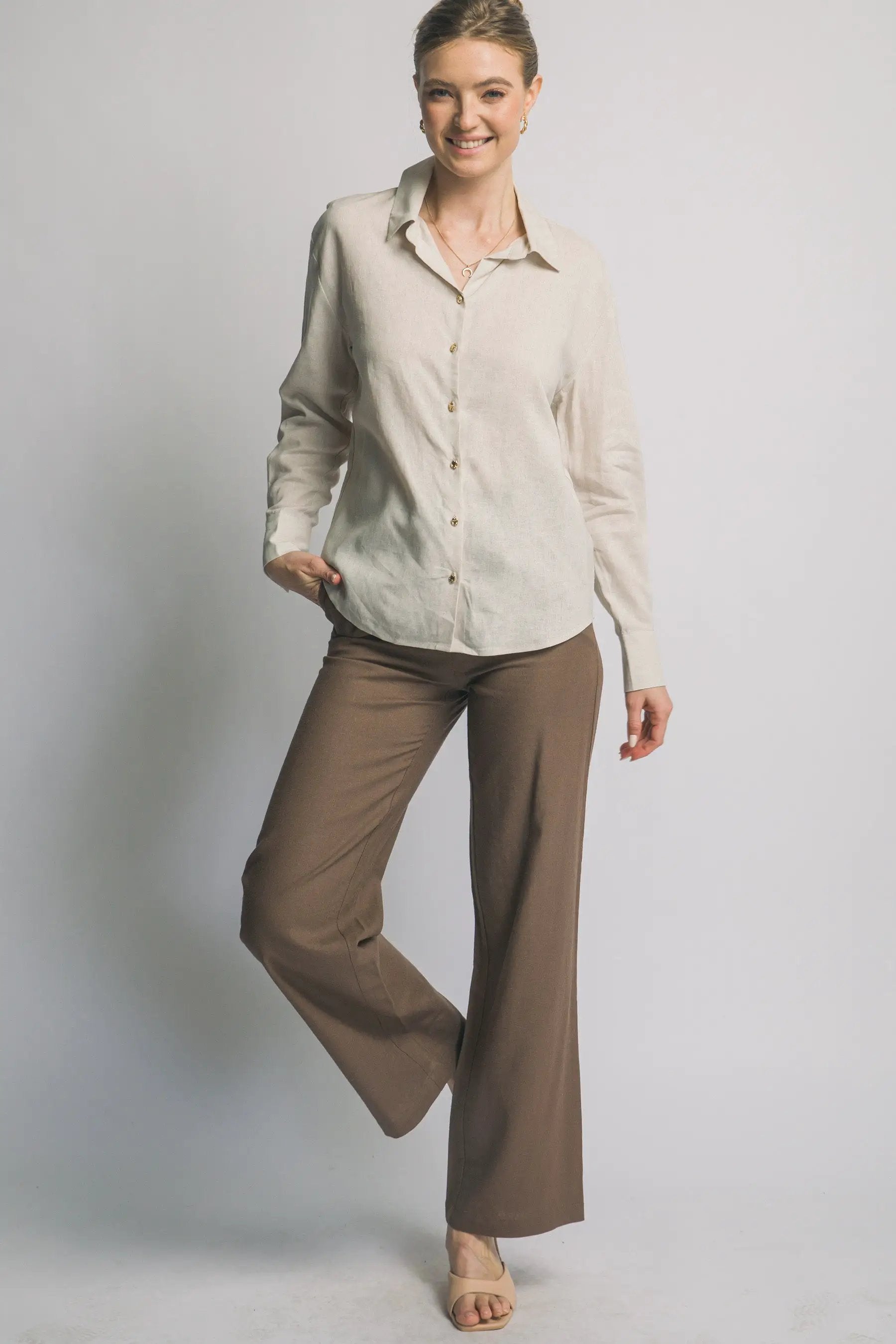 Camisa de Lino para Mujer de Manga Larga con Cuello y Botones Manga Larga by LOVE TREE