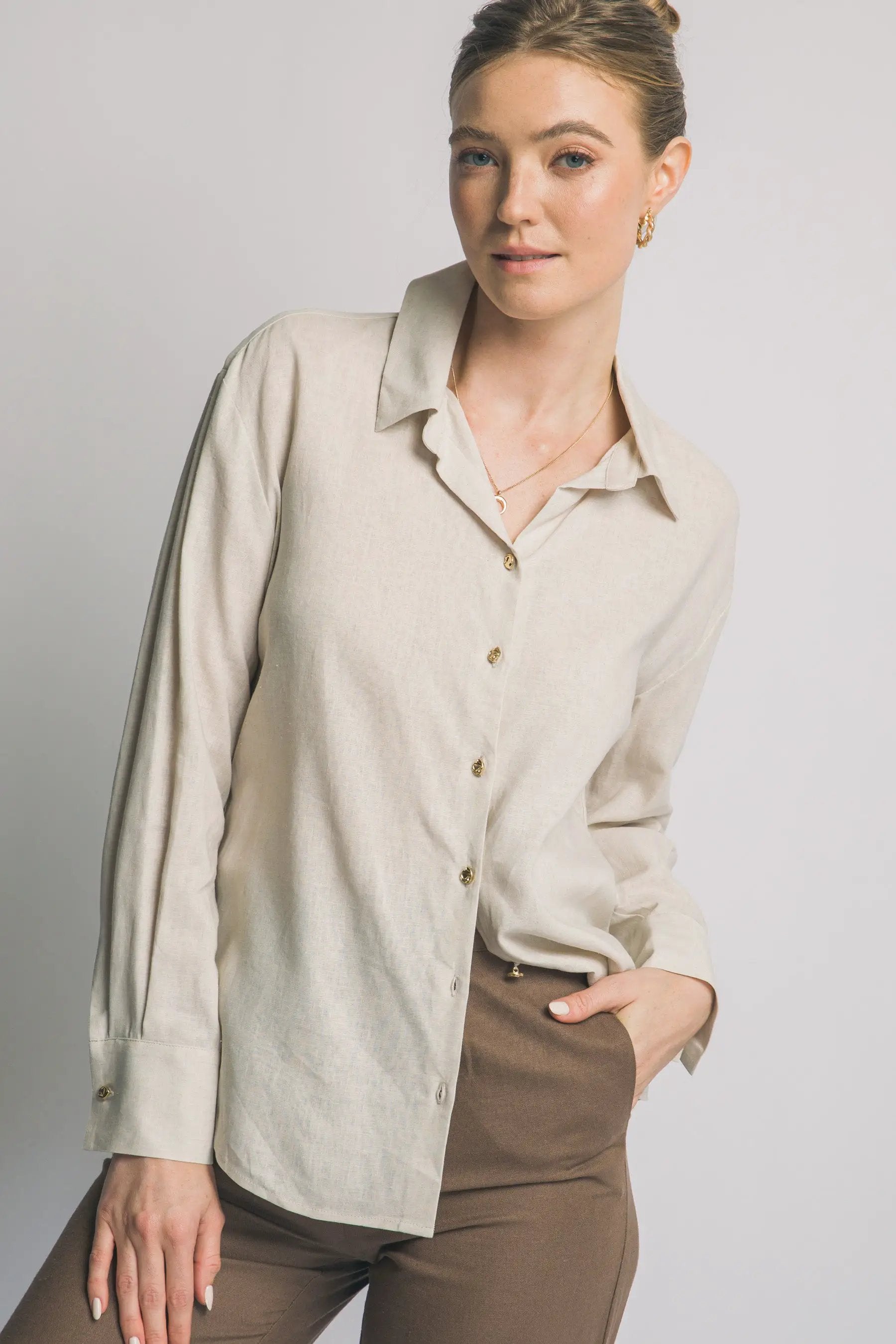 Camisa de Lino para Mujer de Manga Larga con Cuello y Botones Manga Larga by LOVE TREE