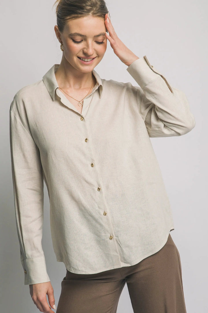 Camisa de Lino para Mujer de Manga Larga con Cuello y Botones Manga Larga by LOVE TREE