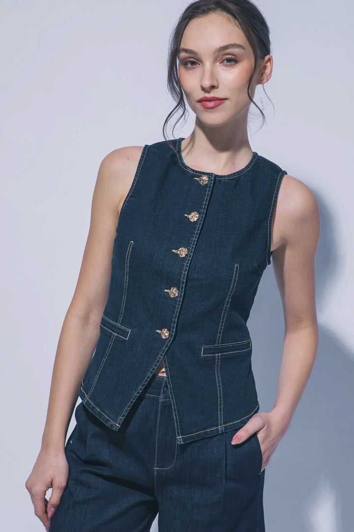 Chaleco Blusa de Mezclilla con Cuello Redondo Azul Indigo by LOVE TREE