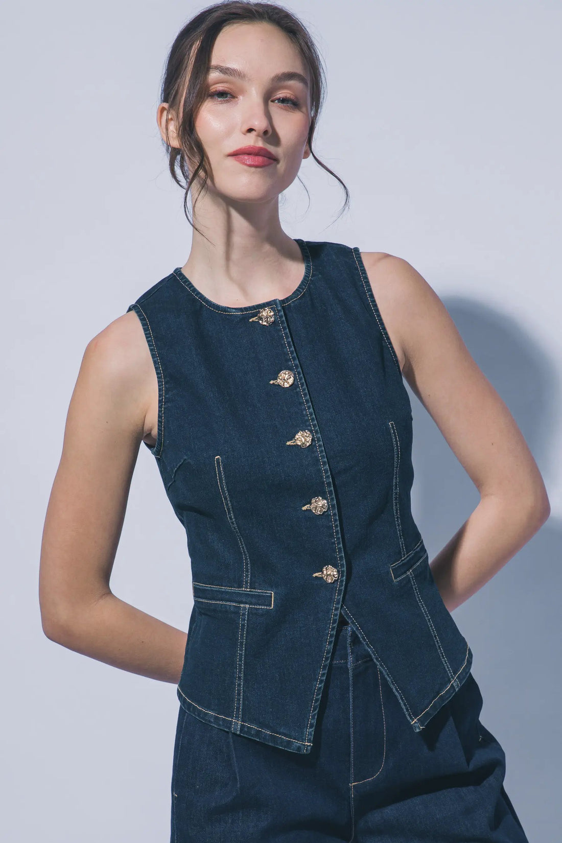 Chaleco Blusa de Mezclilla con Cuello Redondo Azul Indigo by LOVE TREE