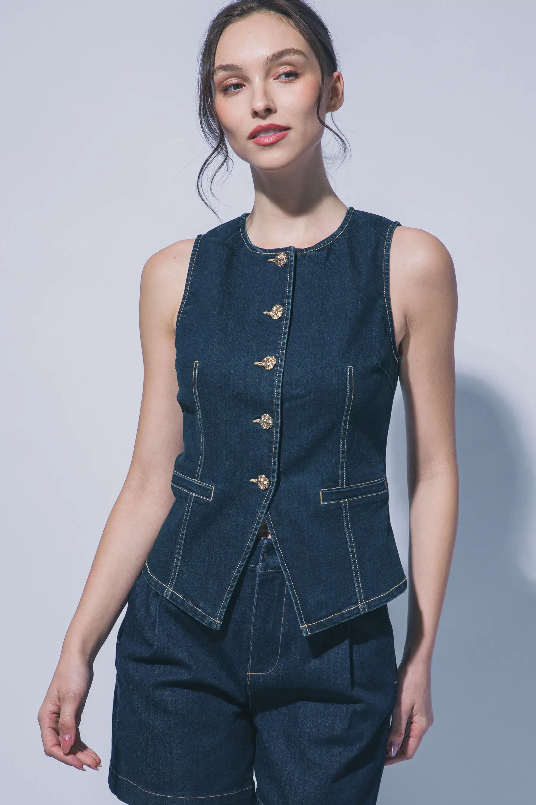 Chaleco Blusa de Mezclilla con Cuello Redondo Azul Indigo by LOVE TREE