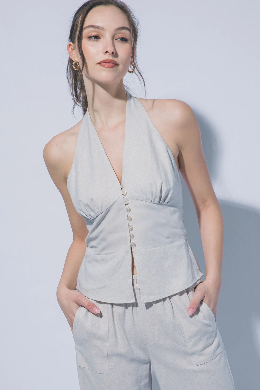 LOVE TREE Blusa Halter de Lino con Botones para Mujer - Tops