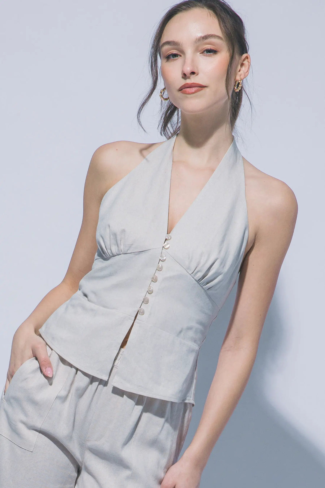 LOVE TREE Blusa Halter de Lino con Botones para Mujer - Tops