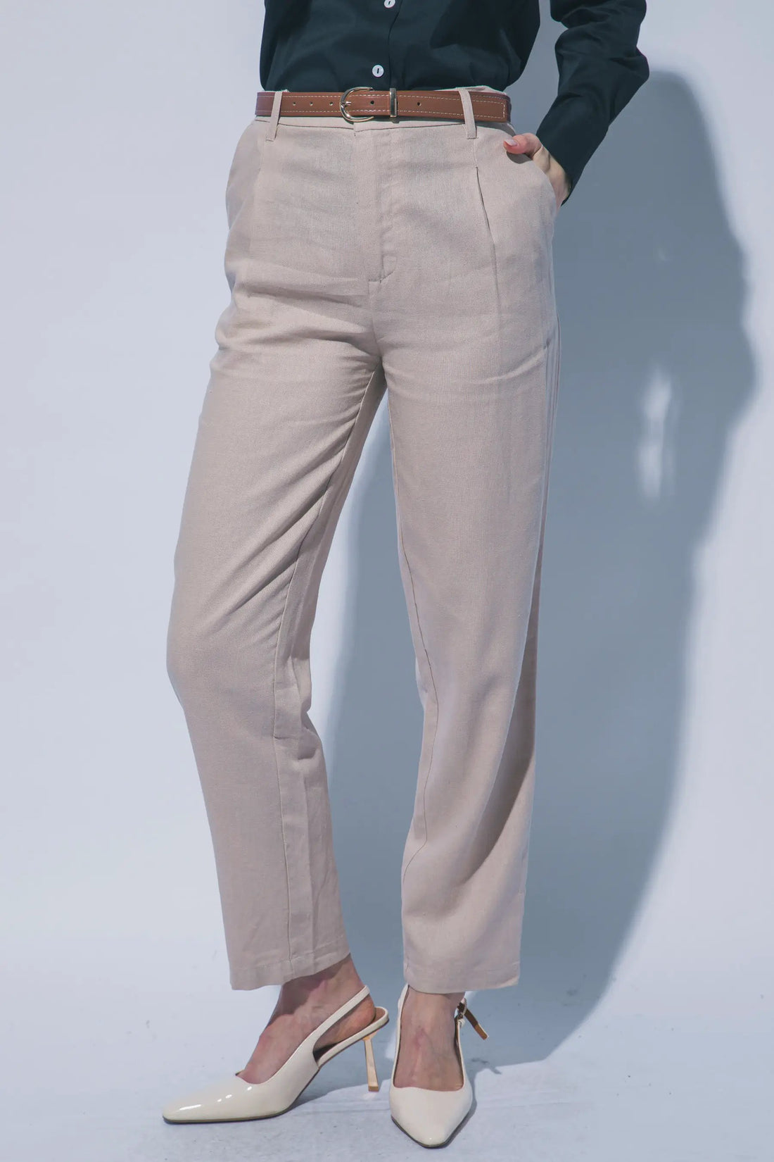Pantalones de Lino de Tiro Alto con Cinturón para Mujer by LOVE TREE