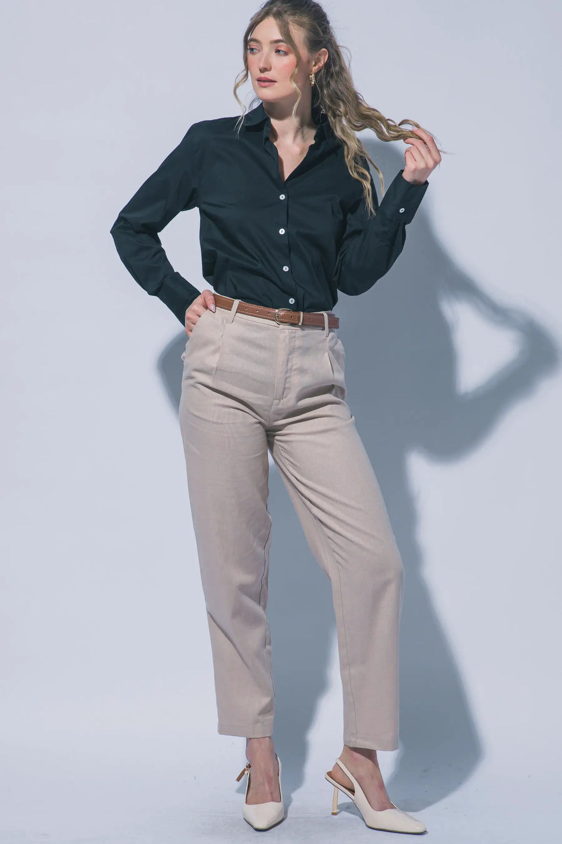 LOVE TREE Pantalones de Lino de Tiro Alto con Cinturón para Mujer - Pants