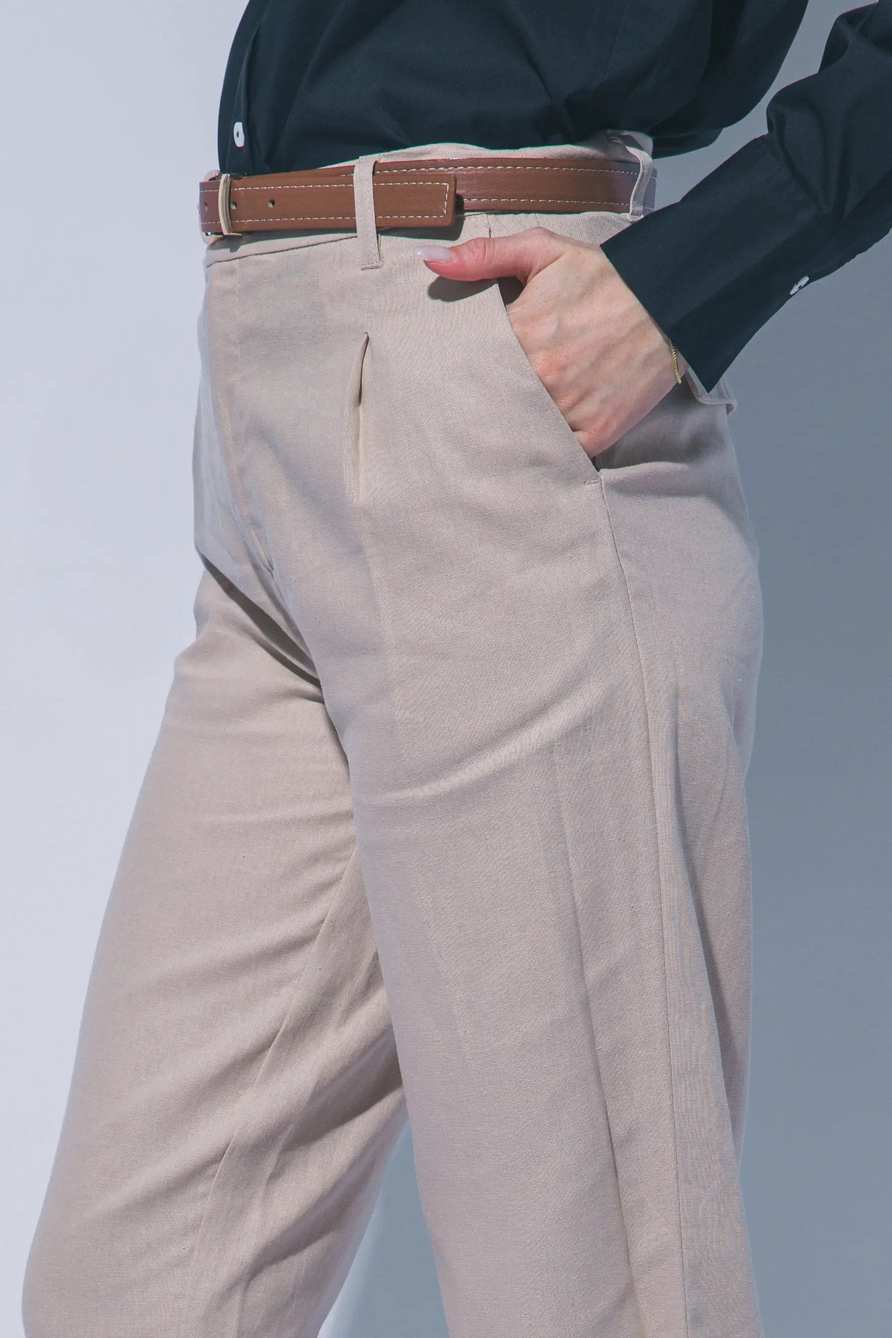 LOVE TREE Pantalones de Lino de Tiro Alto con Cinturón para Mujer - Pants