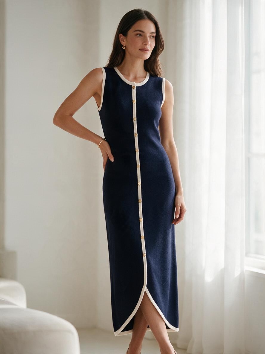 Vestido Azul Largo Tejido Mujer Elegante Para Ocasiones Especiales Con Corte Recto