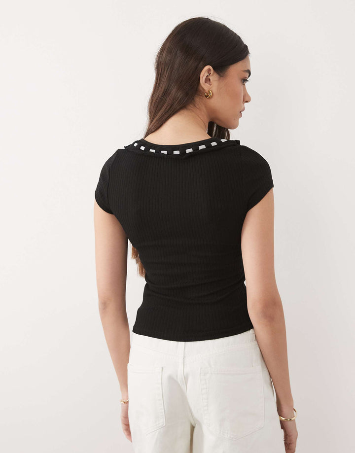 Navy Short Sleeve Top with Decorative Tie Detail