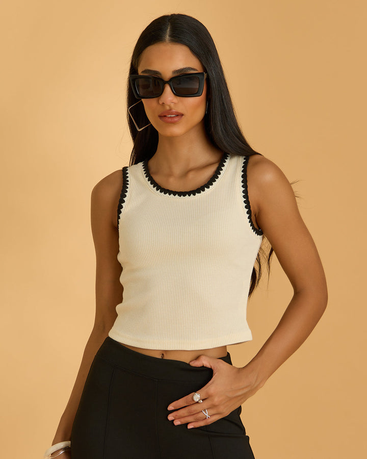 Cream Sleeveless Ribbed Crop Top with Black Trim