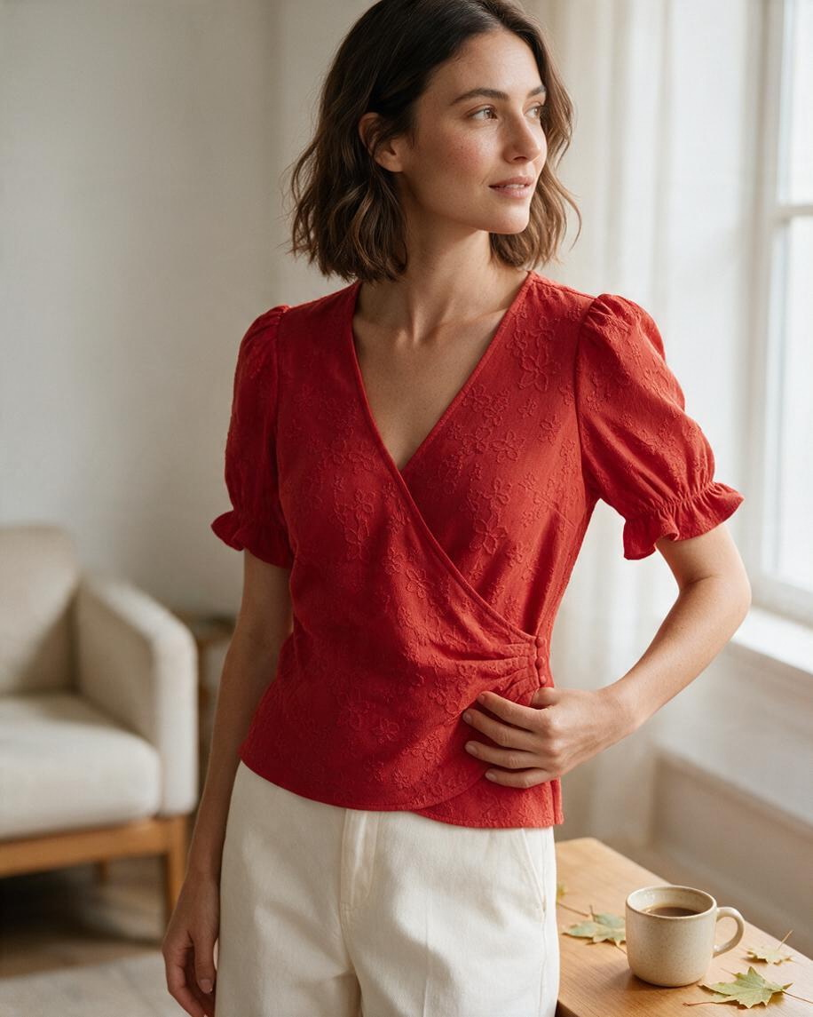 Blusa Cruzada de Manga Corta Color Rojo con Textura