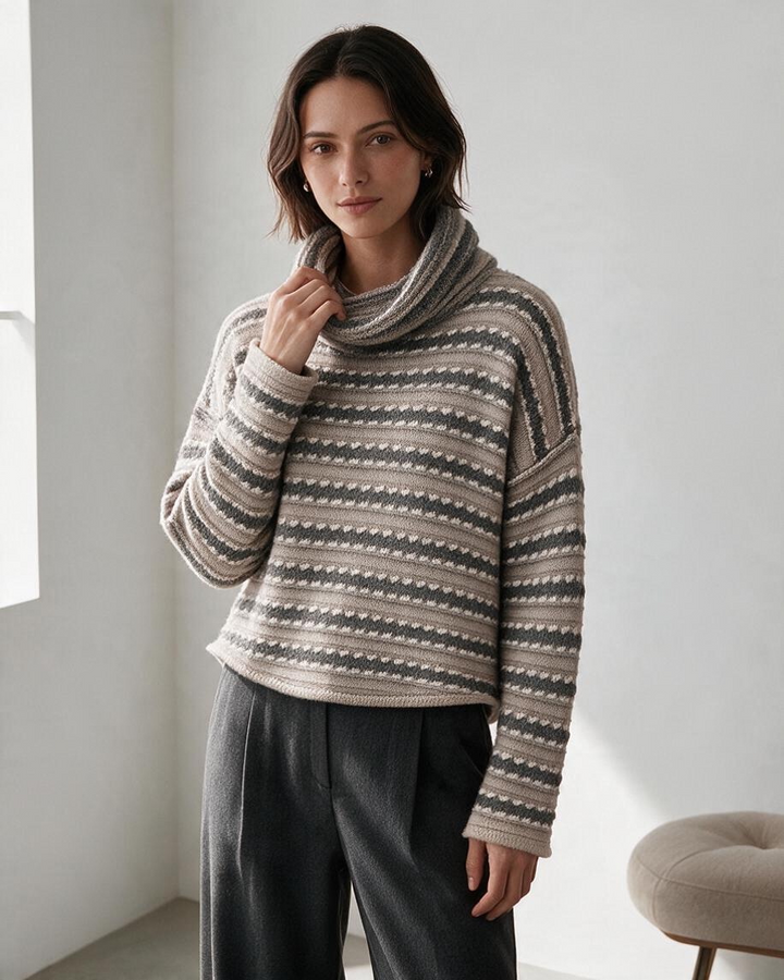 Suéter de Cuello Alto a Rayas Beige con Detalle Drapeado