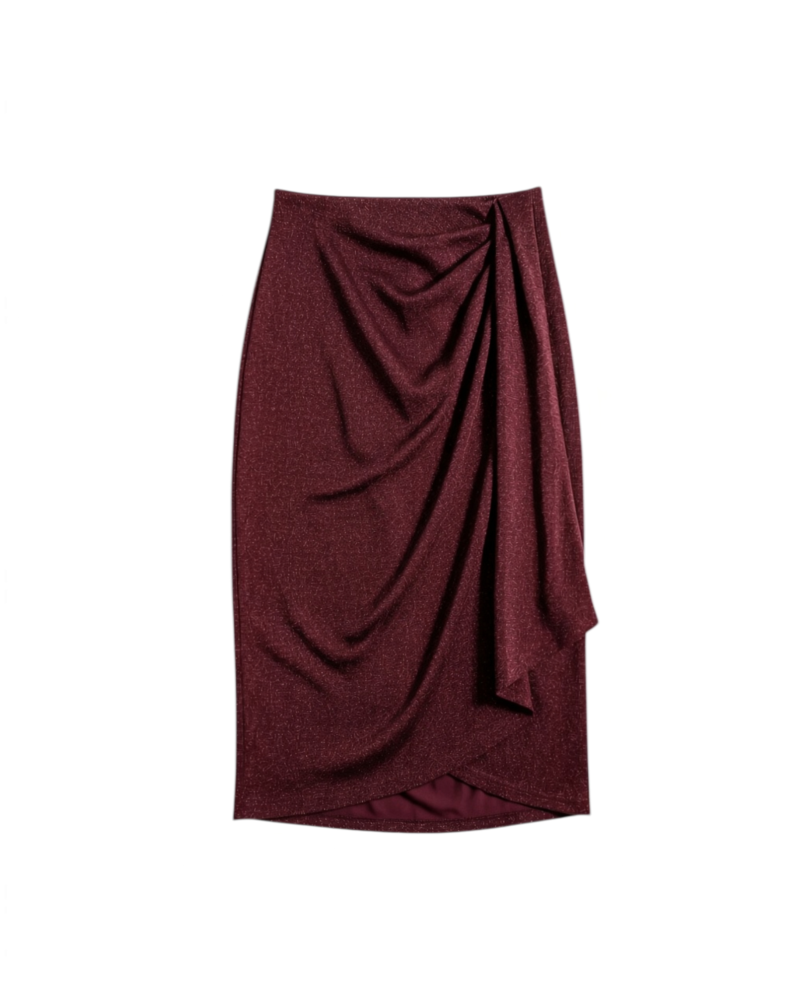Falda midi Yanet Collective color borgoña con diseño drapeado, fruncido lateral y tejido suave texturizado.