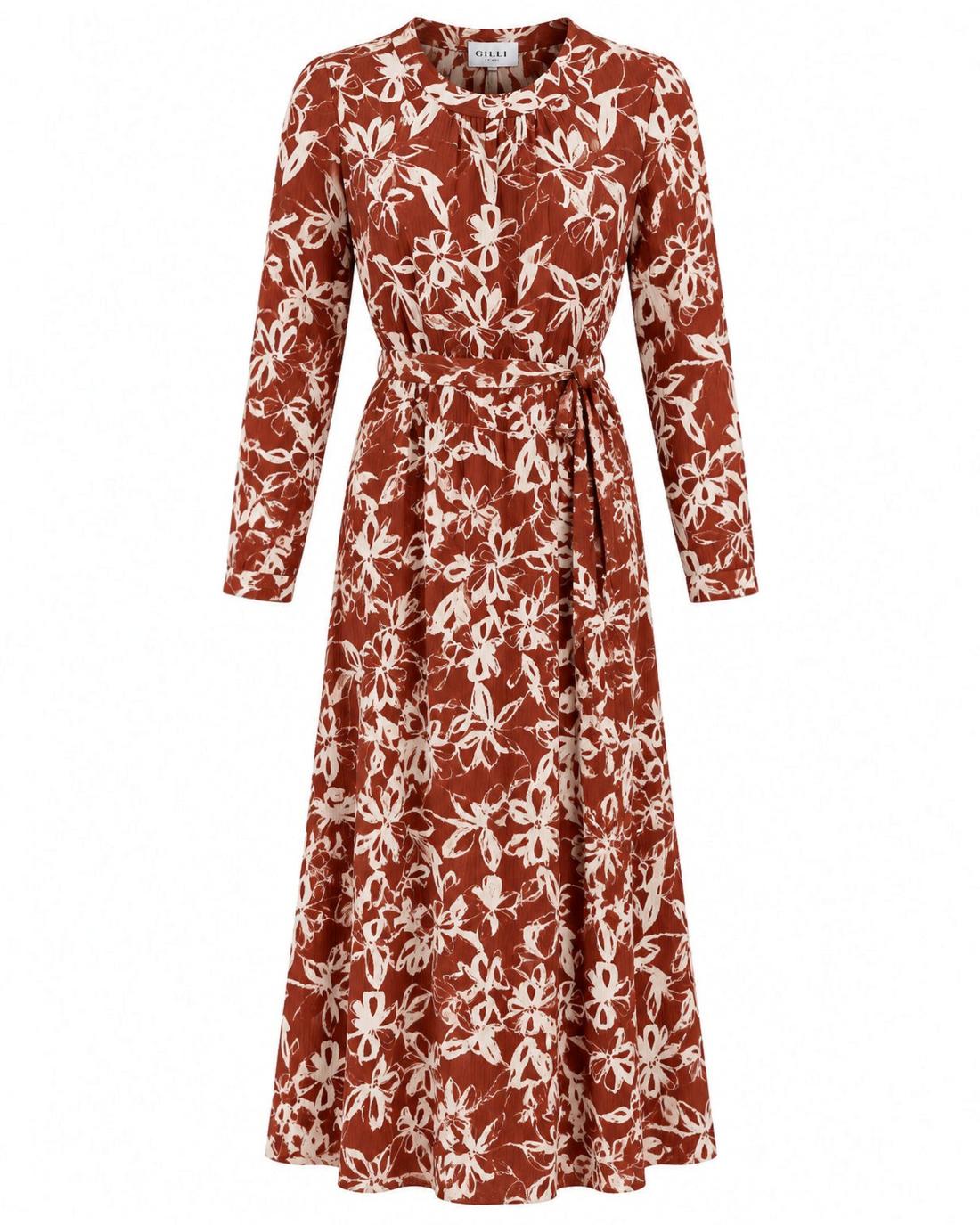 Vestido largo Yanet Collective terracota con estampado floral crema, manga larga y cinturón ajustable en tela ligera
