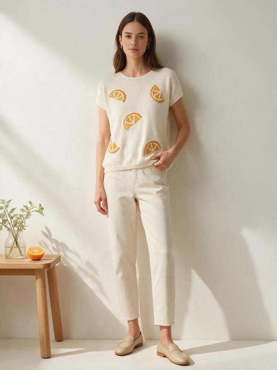 Blusa Tejido de Manga Corta Color Crema con Estampado Frutal
