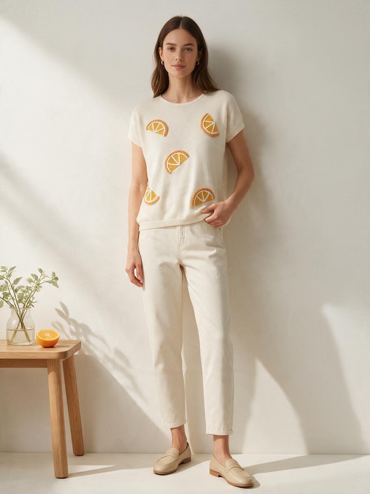 Blusa Tejido de Manga Corta Color Crema con Estampado Frutal