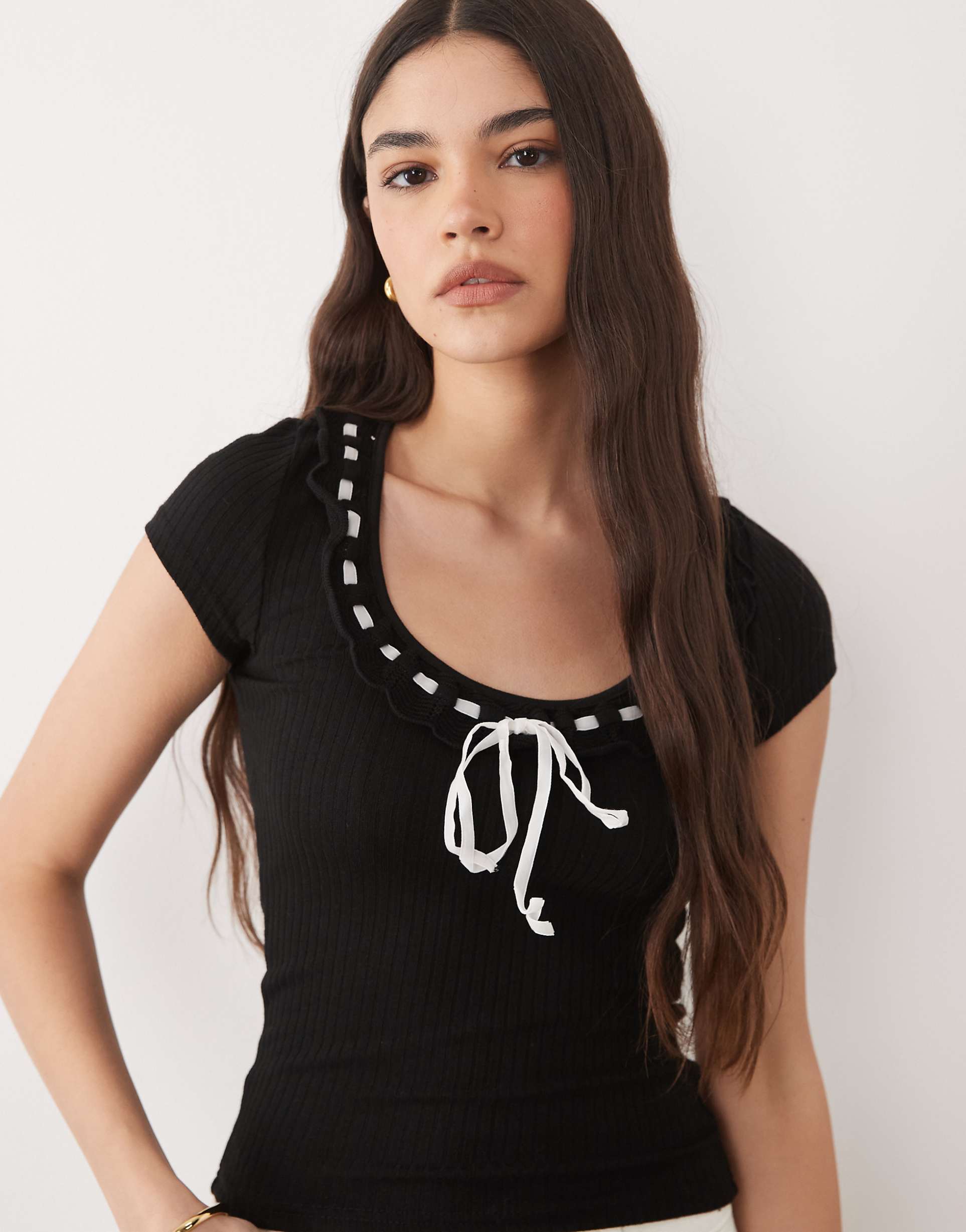 Navy Short Sleeve Top with Decorative Tie Detail