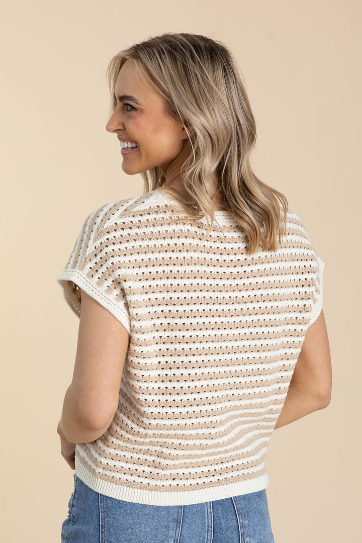 Cream Short Sleeve Knit Top with Striped Detail