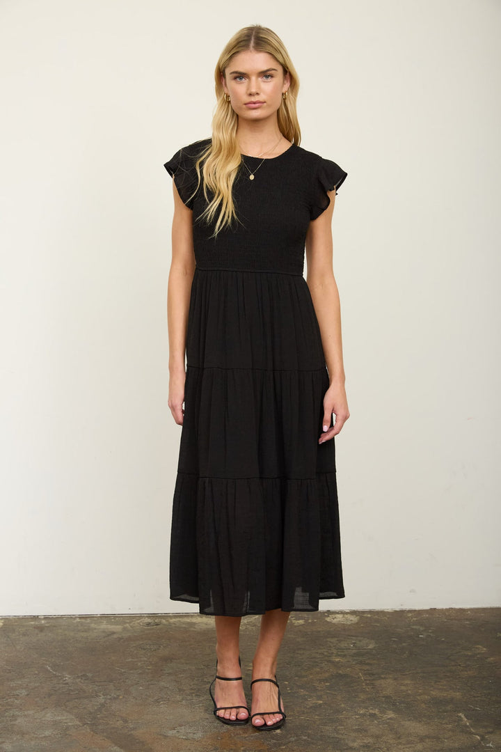 Vestido Midi de Manga Corta con Volantes y Nido de Abeja by shopblupepper