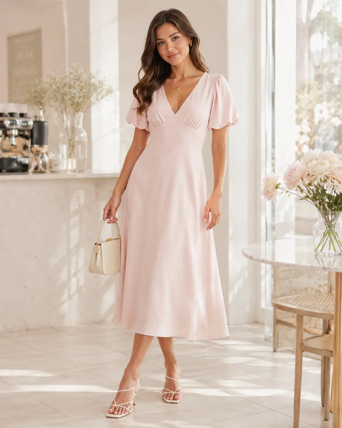 Winslow Collection Vestido Escote V Mangas Abullonadas Lazos En La Espalda - Dresses Dresses