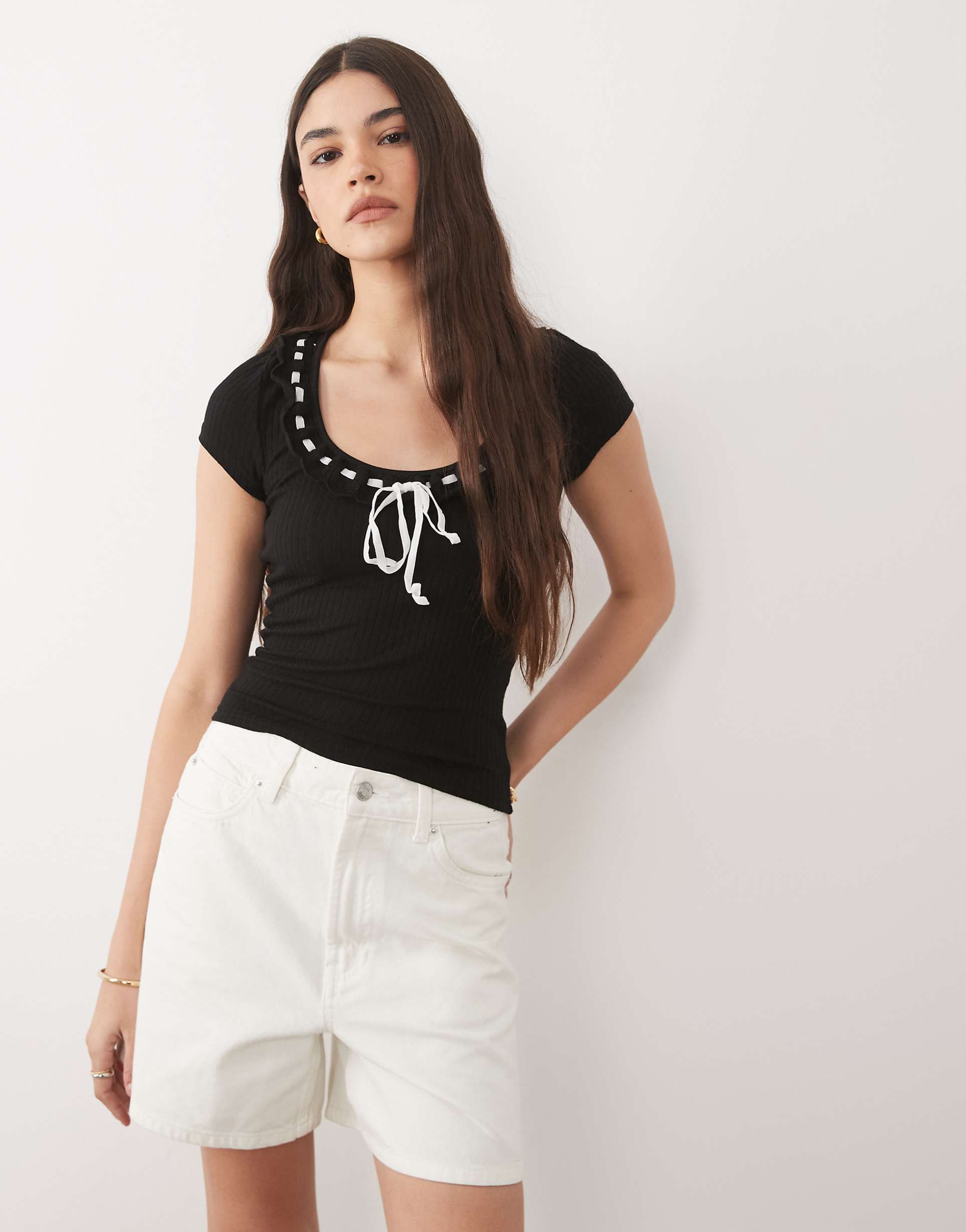 Navy Short Sleeve Top with Decorative Tie Detail