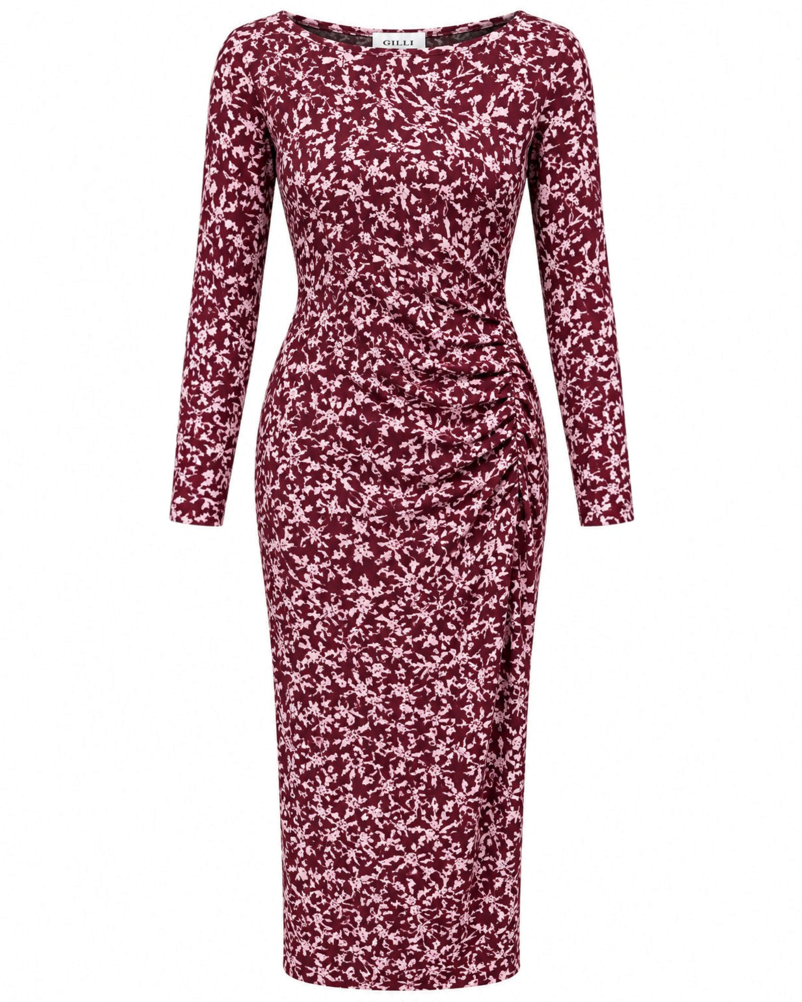 Vestido largo Yanet Collective burdeos de manga larga con estampado floral y detalle fruncido en la cintura