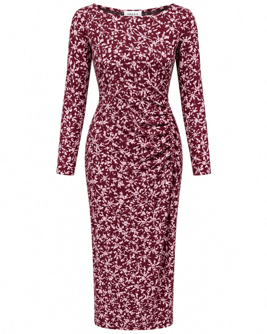 Vestido largo Yanet Collective burdeos de manga larga con estampado floral y detalle fruncido en la cintura