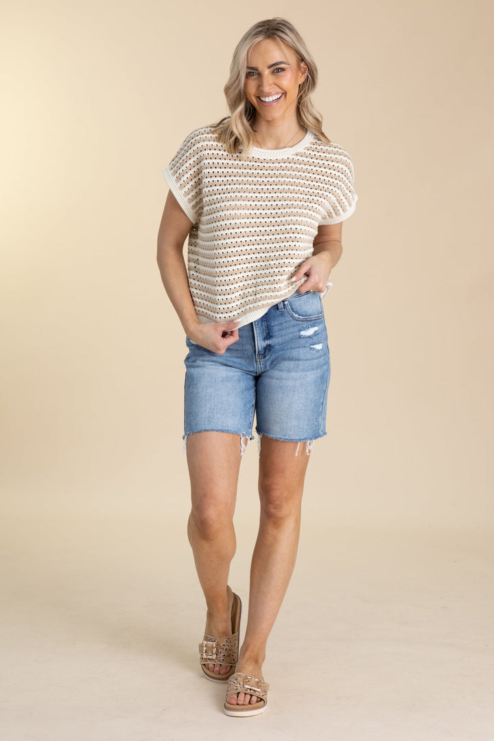 Cream Short Sleeve Knit Top with Striped Detail