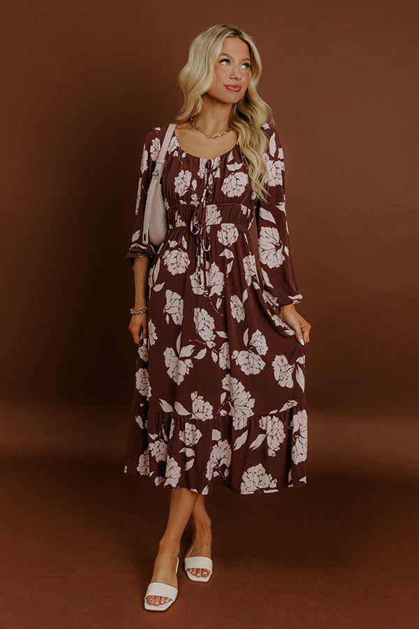 Burgundy Floral Long Sleeve Dress with Tie Detail
