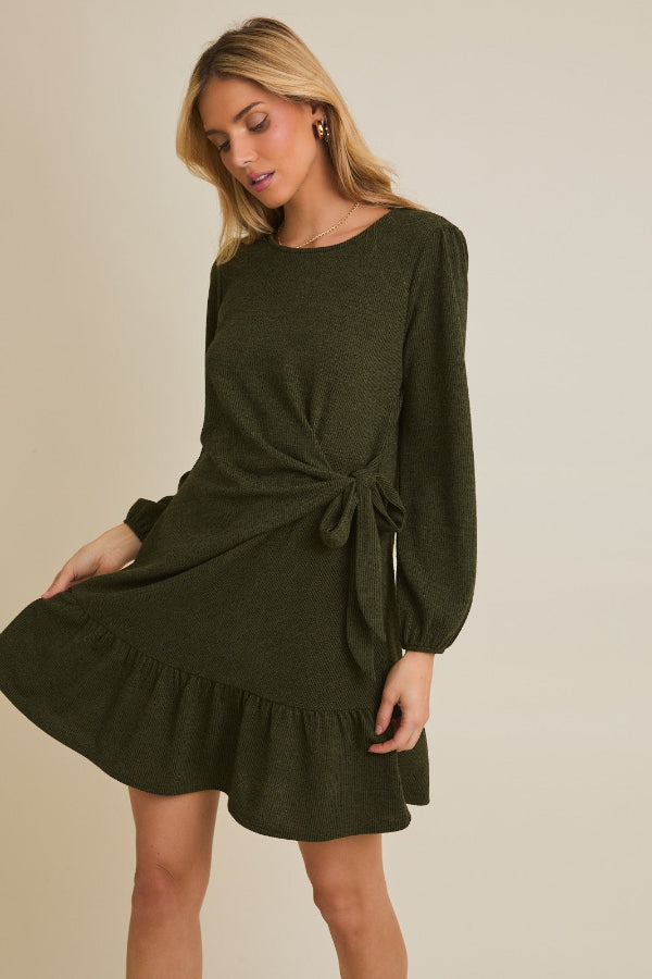 Vestido de Punto Verde Oliva con Detalle de Lazo - Estilo Boutique