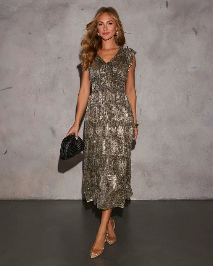 Vestido Midi Dorado Metálico para Mujer Look de Noche Elegante Fiesta by Yanet Collective
