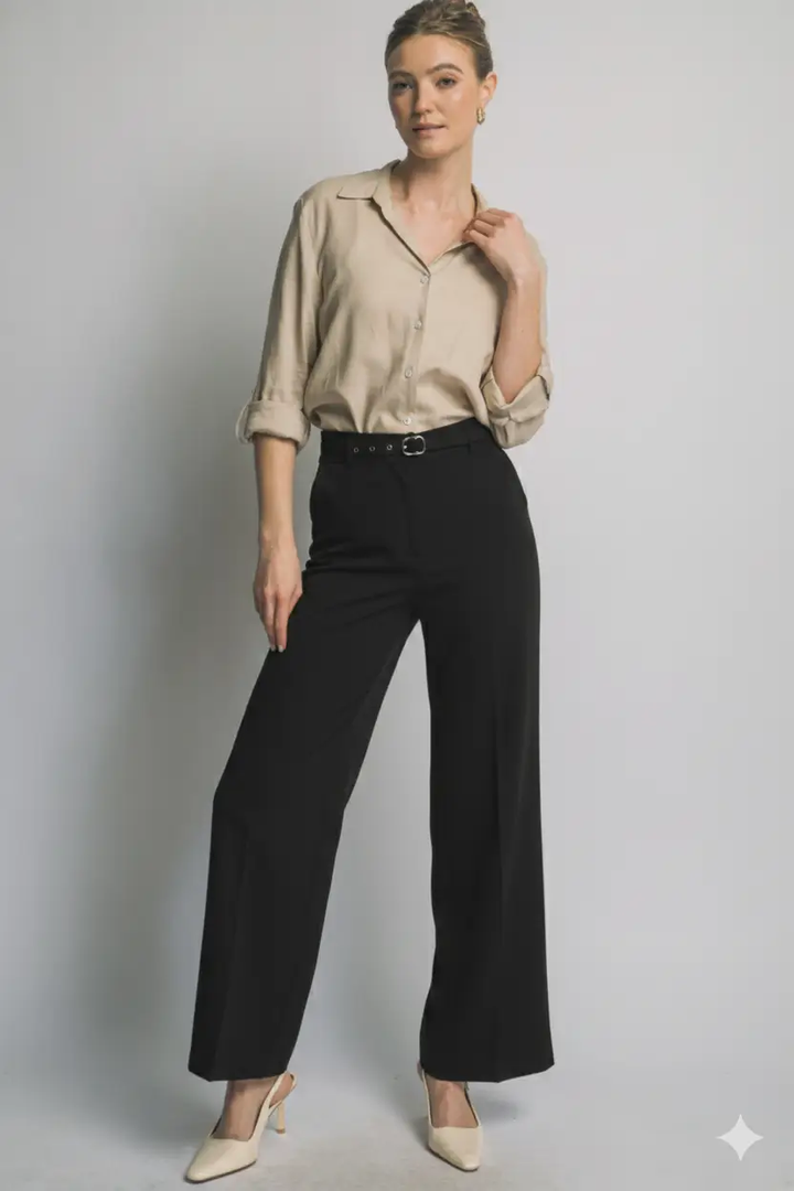 Pantalón de Vestir Pierna Ancha Cintura Alta, Color Negro, Estilo Moderno by LOVE TREE