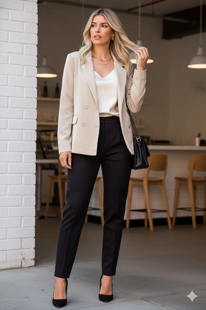 Blazer cruzado con doble botonadura para mujer beige by Yanet Collective