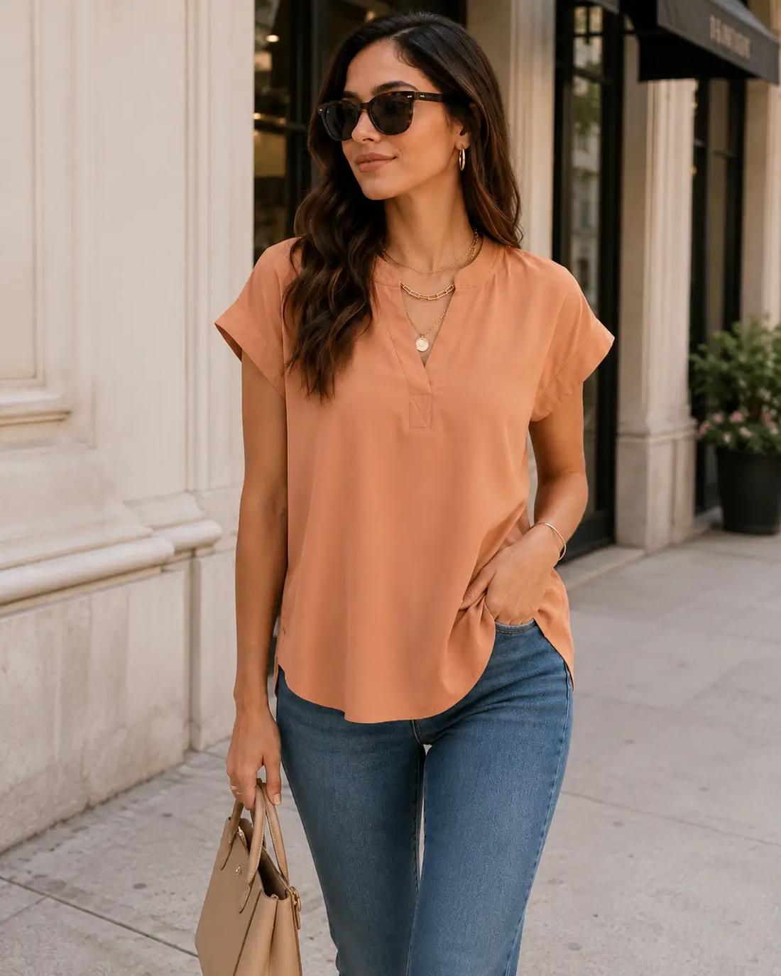 Yanet Collective Blusa Casual Mujer Manga Corta Cuello V Color Durazno - Blusas