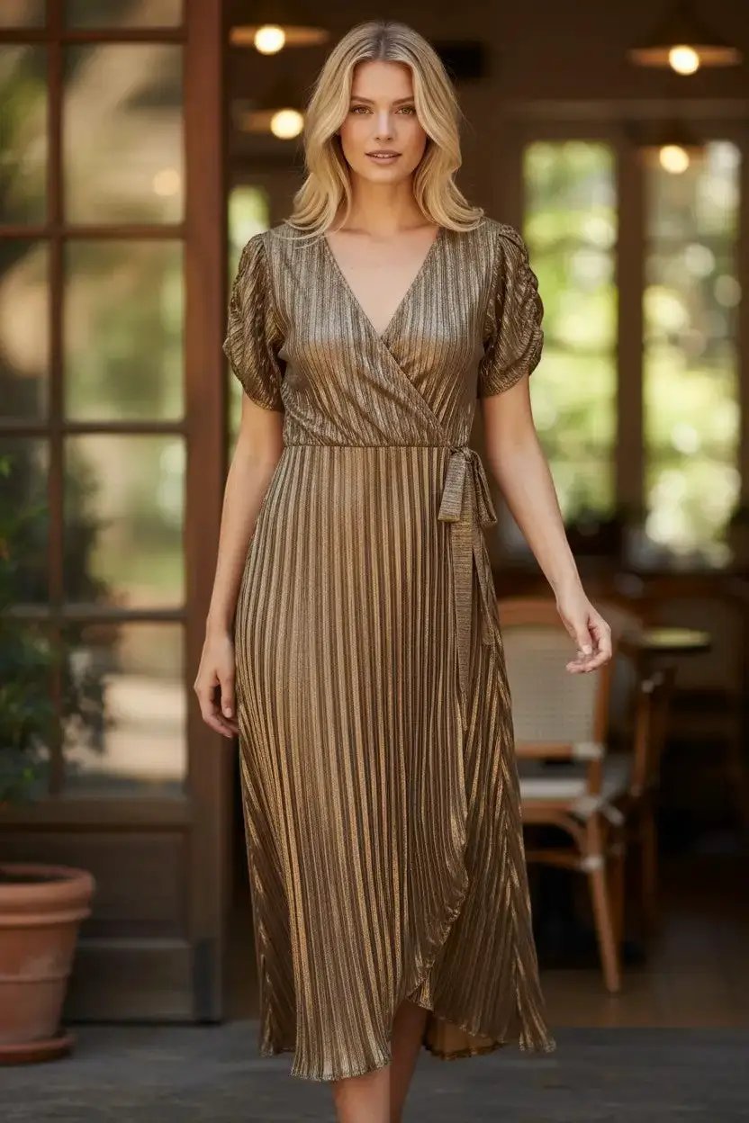 Vestido Midi Dorado Tela Plisada by Yanet Collective