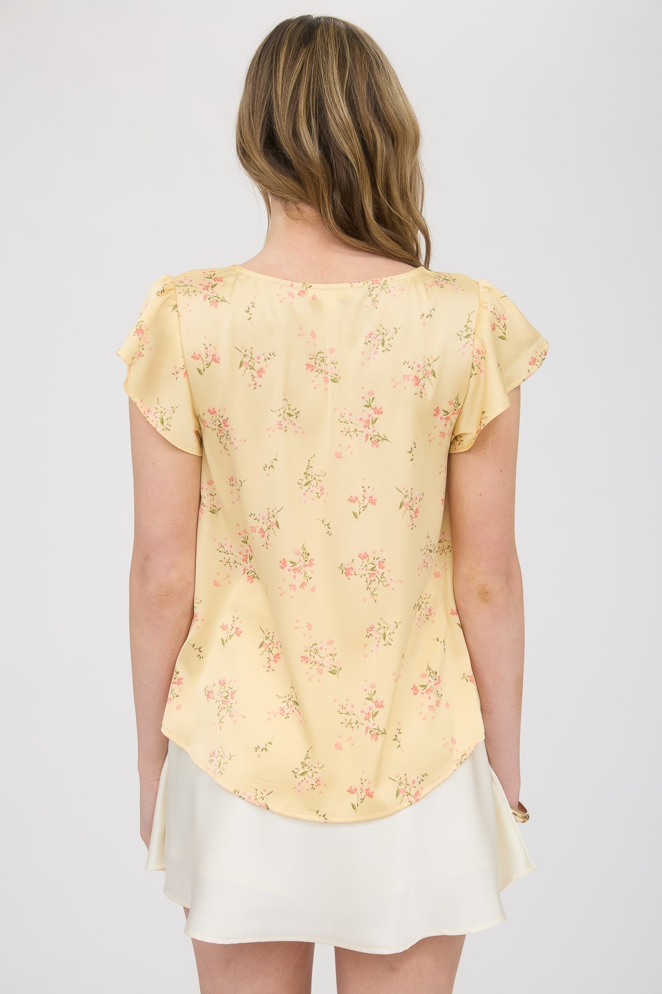 Yellow Flutter Sleeve V-Neck Top with Floral Print