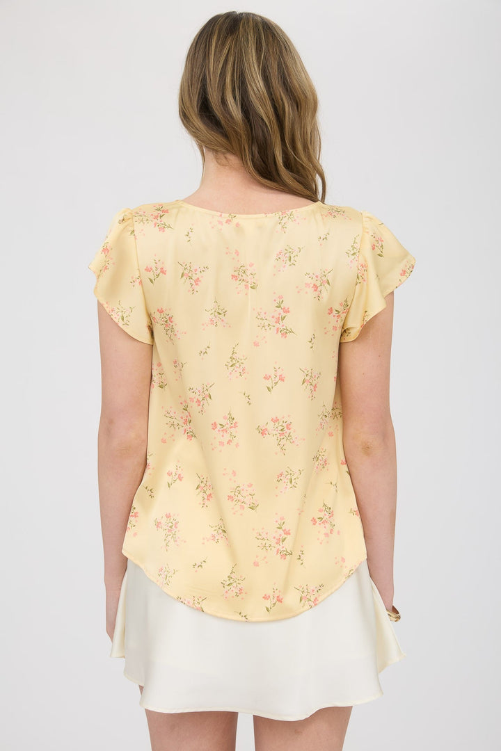 Yellow Flutter Sleeve V-Neck Top with Floral Print