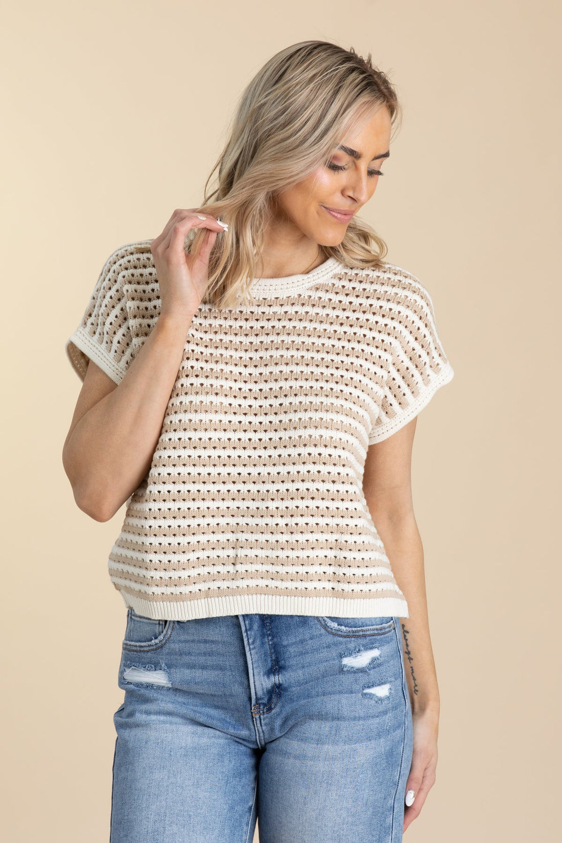 Cream Short Sleeve Knit Top with Striped Detail