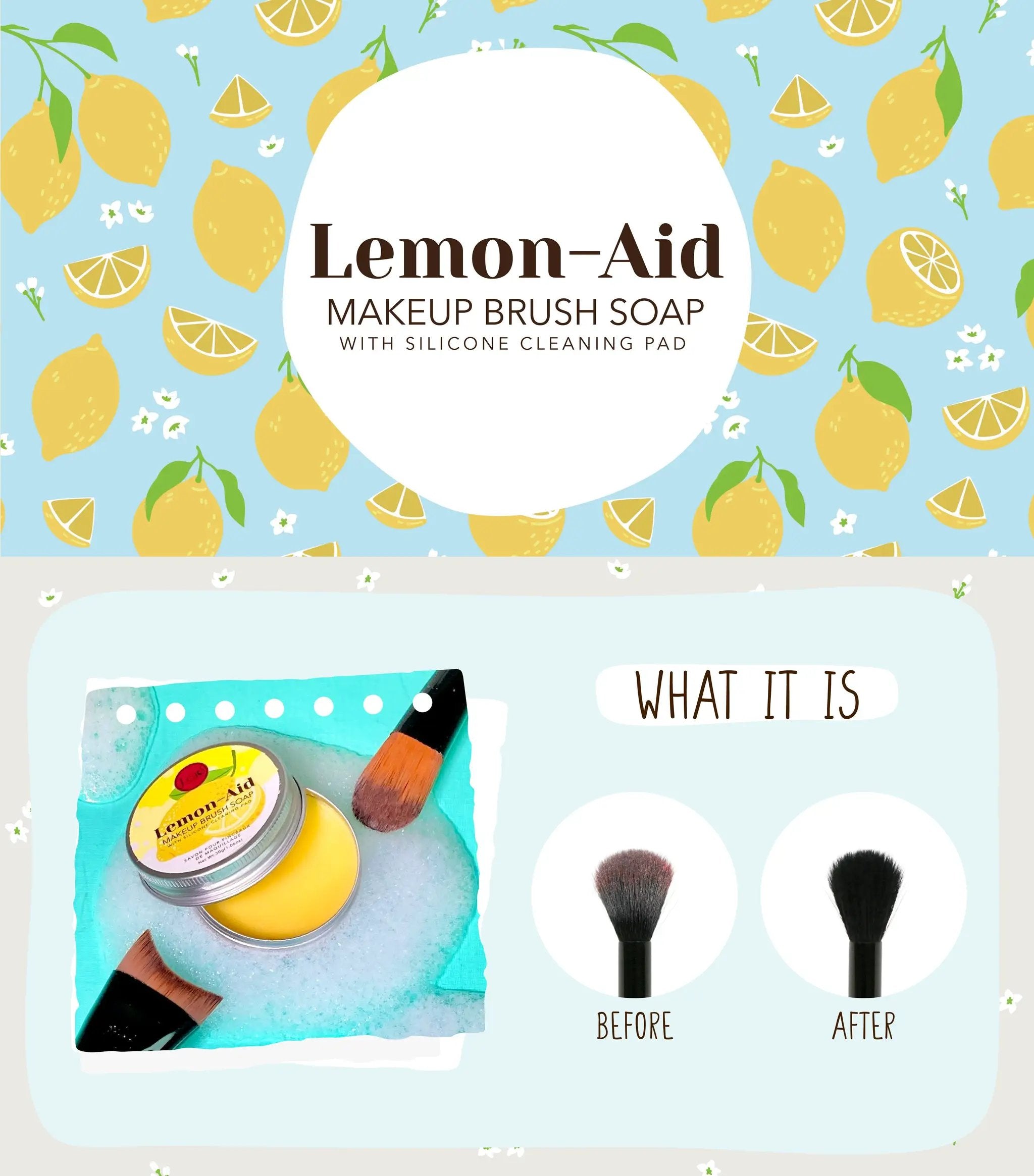 Jabón Limpiador Lemon-Aid para Brochas y Esponjas con Tapete Limpiador de Silicón J.Cat Beauty by Yanet Collective