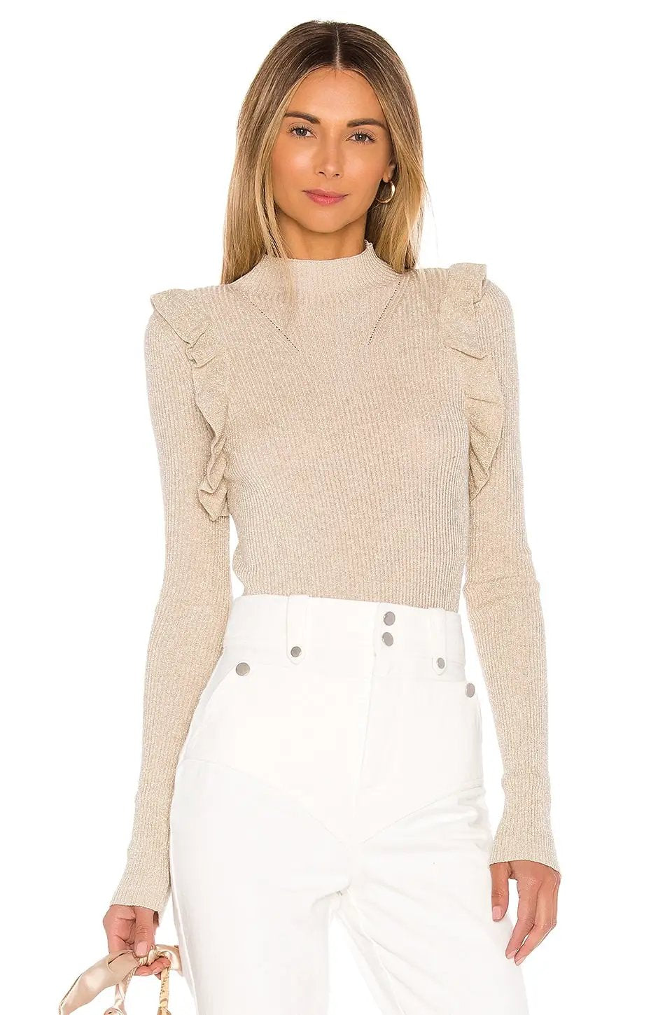 MAJORELLE Ruffle Detail Ribbed Long Sleeve Top – Mock Neck Knit Sweater Top - Sweater