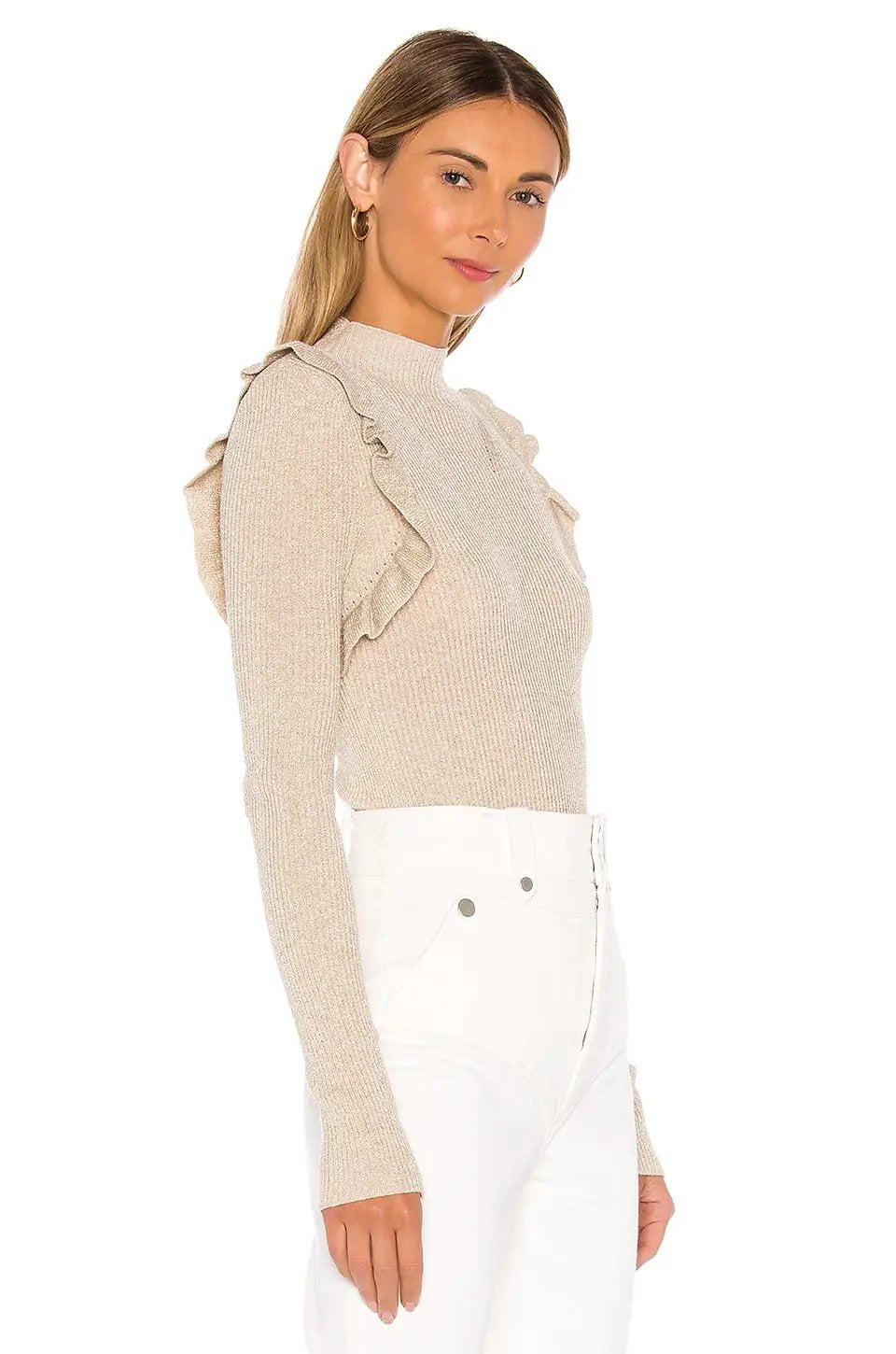 MAJORELLE Ruffle Detail Ribbed Long Sleeve Top – Mock Neck Knit Sweater Top - Sweater