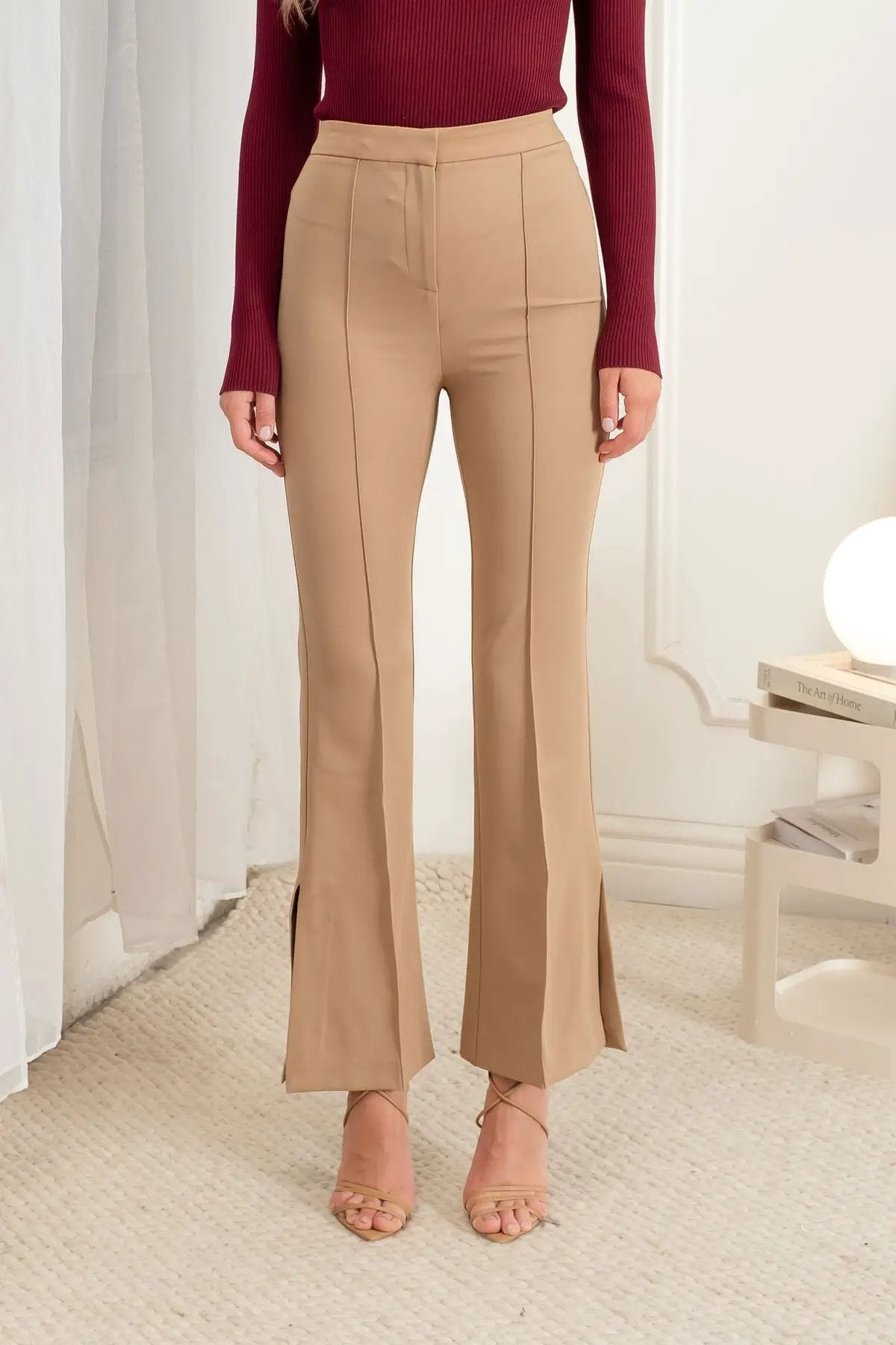Pantalón Palazzo de Vestir Beige de Mujer de Cintura Alta con Pinzas y Abertura Lateral by shopblupepper