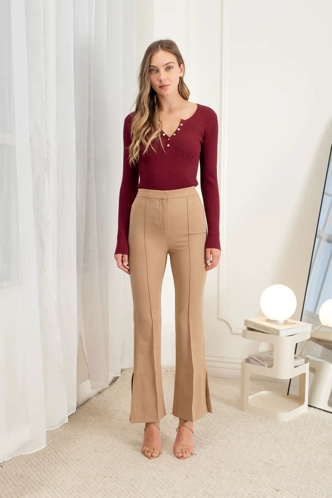 Pantalón Palazzo de Vestir Beige de Mujer de Cintura Alta con Pinzas y Abertura Lateral by shopblupepper